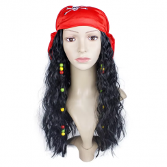3 Pcs Black Curly Pirate Captain Cosplay Costume Long Hair Wig with Eye Patch Skull Turban
